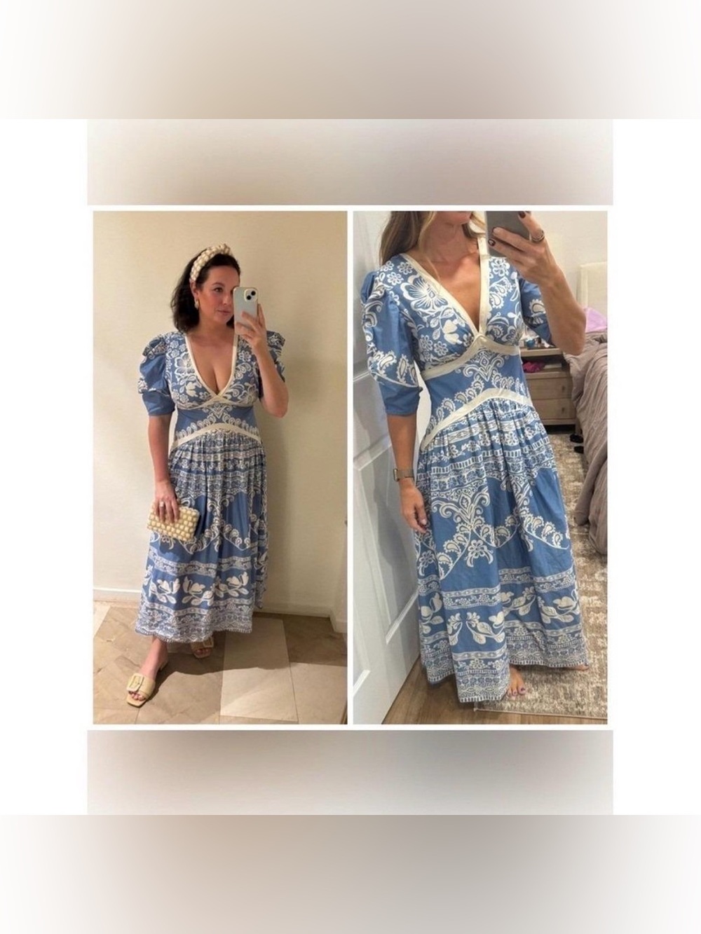 Farm Rio Anthropologie Printed V Neck Puff Sleeve Maxi Dress Blue White MP